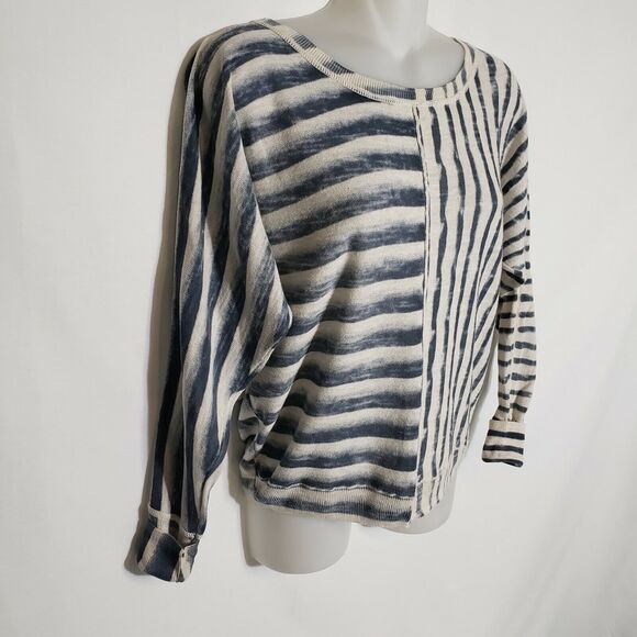 DKNY Jeans Petites Womens Size PS Top 100% Cotton Striped Blue Beige Dolman - Picture 5 of 9